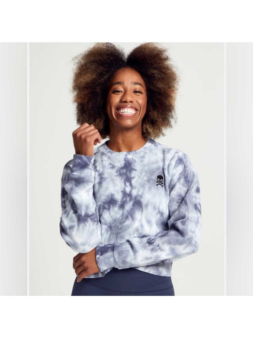 SoulCycle Julia Cropped Waffle Sweatshirt Long Sleeve Top Blue Black Small